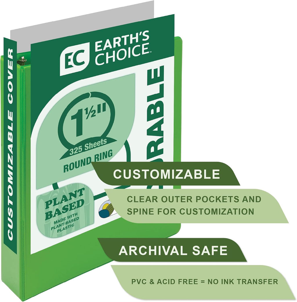 Samsill Earth's Choice™, Durable Fashion Color 3 Ring View Binder, 1.5 Inch Round Ring, Up to 25% Plant Based Plastic, Eco-Friendly, USDA Certified Biobased, Lime Green, Value 2 Count (Pack of 6)
