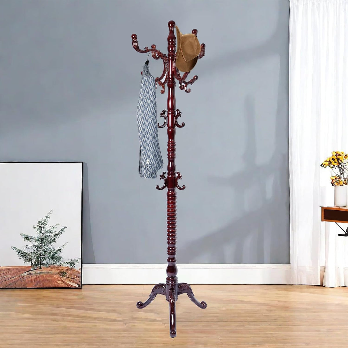 Solid Wood Coat Rack – 73' Freestanding Coat Racks Stand with 14 Hooks & Stable Base, Adjustable Height Modern Wooden Hall Tree for Entryway, Bedroom, Office, Home (Mahogany Triangle)