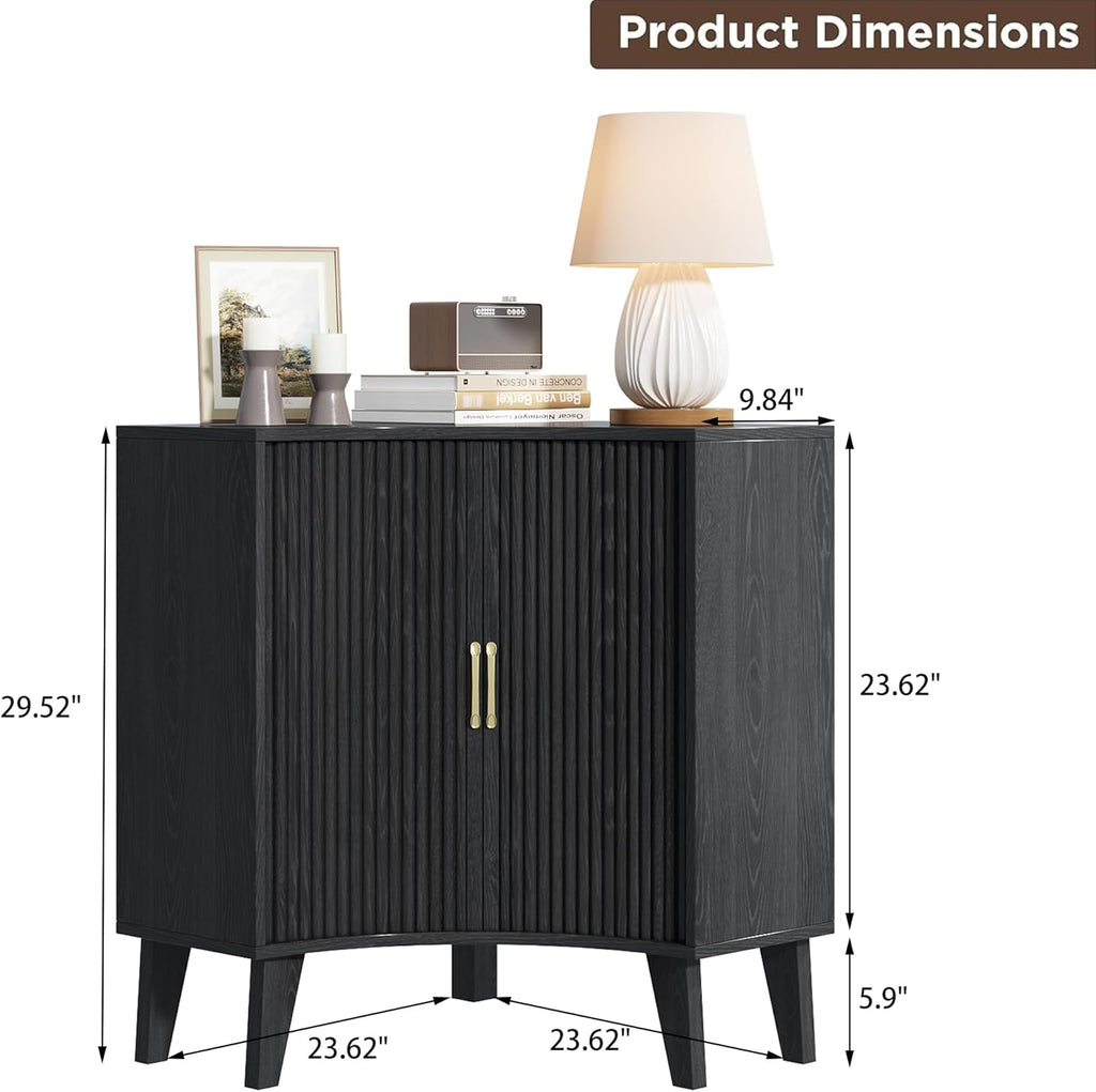 Fluted Corner Cabinet, Small Corner Floor Cabinet with 2-Sliding Doors and Adjustable Shelves, Freestanding Narrow Organizer for Small Space,Living Room, Dining RoomBathroom.Black