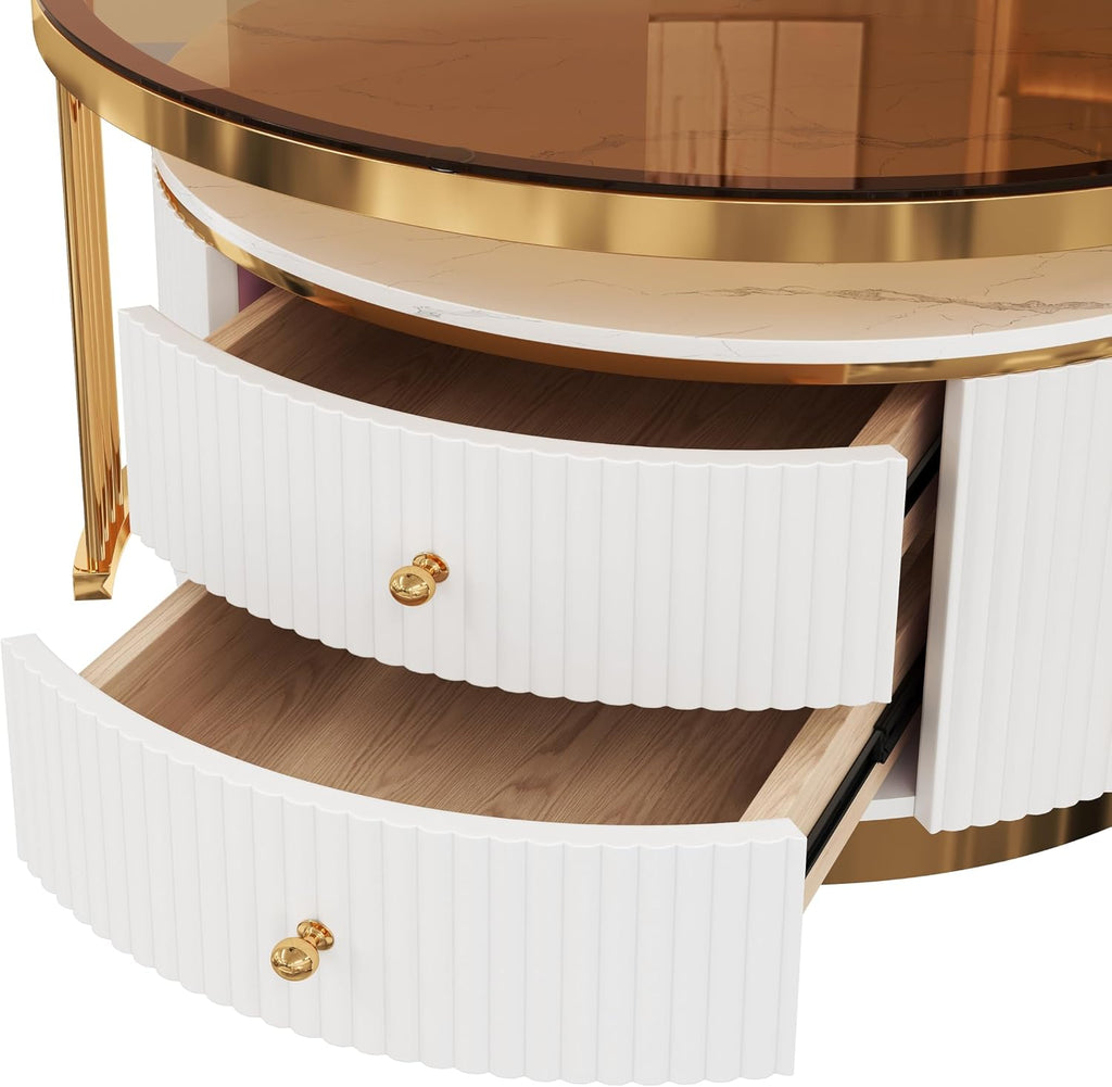 27.6' Brown Nesting Coffee Table Set of 2, Modern Round White Coffee Table for Living Room with Storage Drawer Marble Tabletop End Side Table for Bedroom