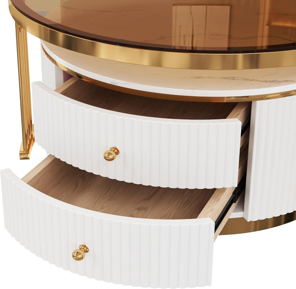 27.6' Brown Nesting Coffee Table Set of 2, Modern Round White Coffee Table for Living Room with Storage Drawer Marble Tabletop End Side Table for Bedroom