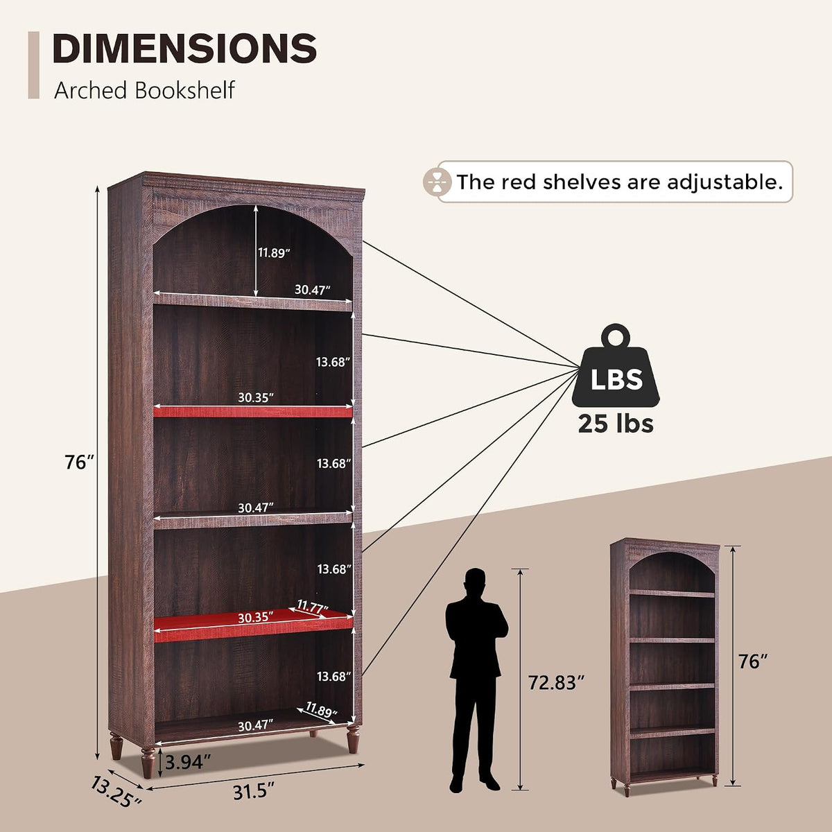 IFGET 76' Tall Arched Bookcase, Farmhouse 5 Tiers Large Arched Bookshelf Cabinet with Adjustable Shelves, Modern Wooden Book Shelf w/Storage and Open Display Shelves for Living Room, Office-Brown