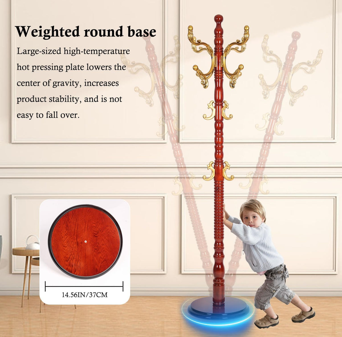Coat Rack Stand, Solid Wooden Coat Tree with 14 Hooks, Heavy Duty Coat Rack Freestanding with Sturdy Round Base, Natural Birch Wood Coat Hanger Stand for Entryway Bedroom (Begonia)