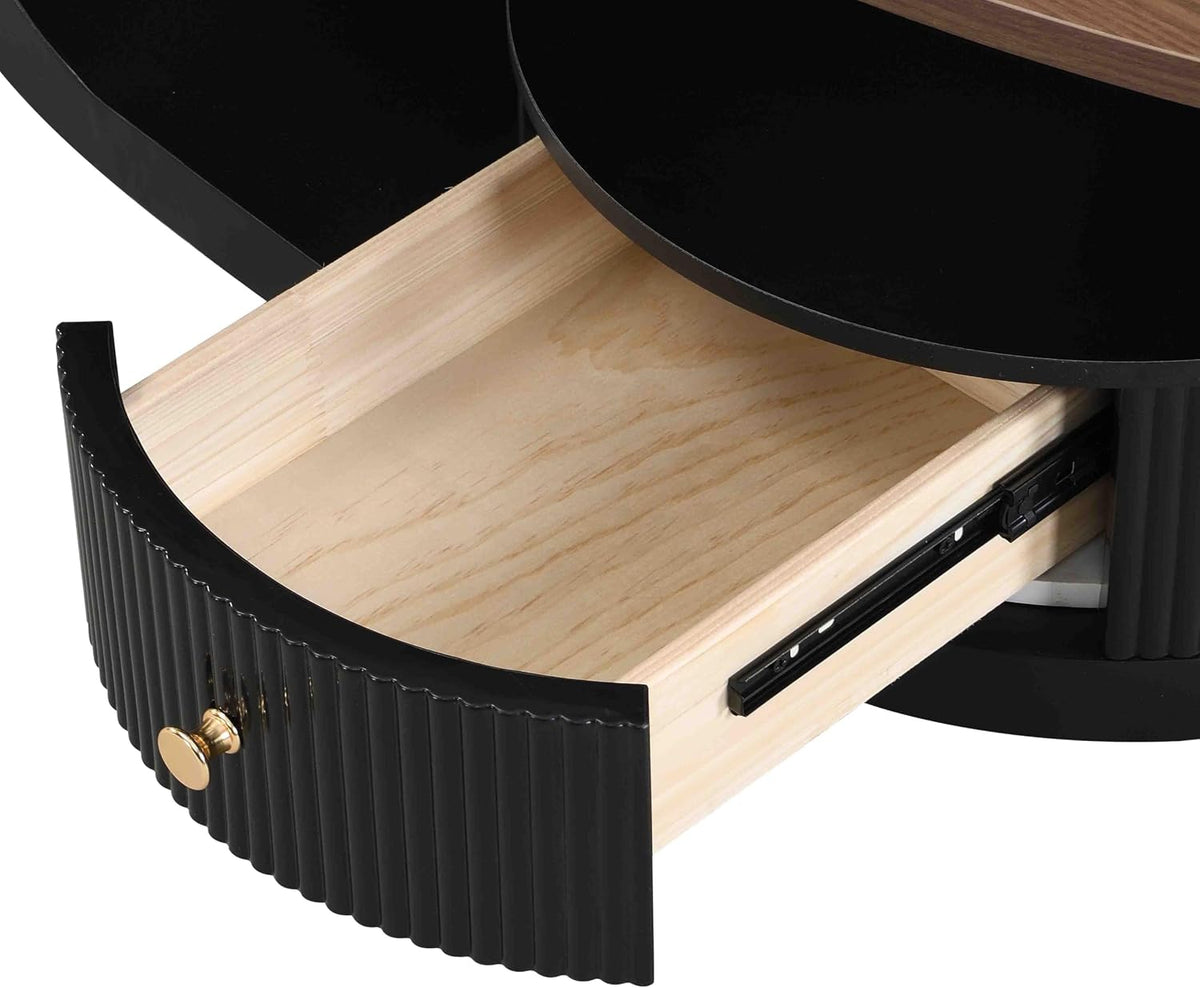 Modern Nesting Coffee Table Set of 2, 2-Piece Oval Decorative Living Room Table Set with Brown Wooden Top and Black Metal Base and 1 Drawer, Oval Coffee Table and Round End Table Set