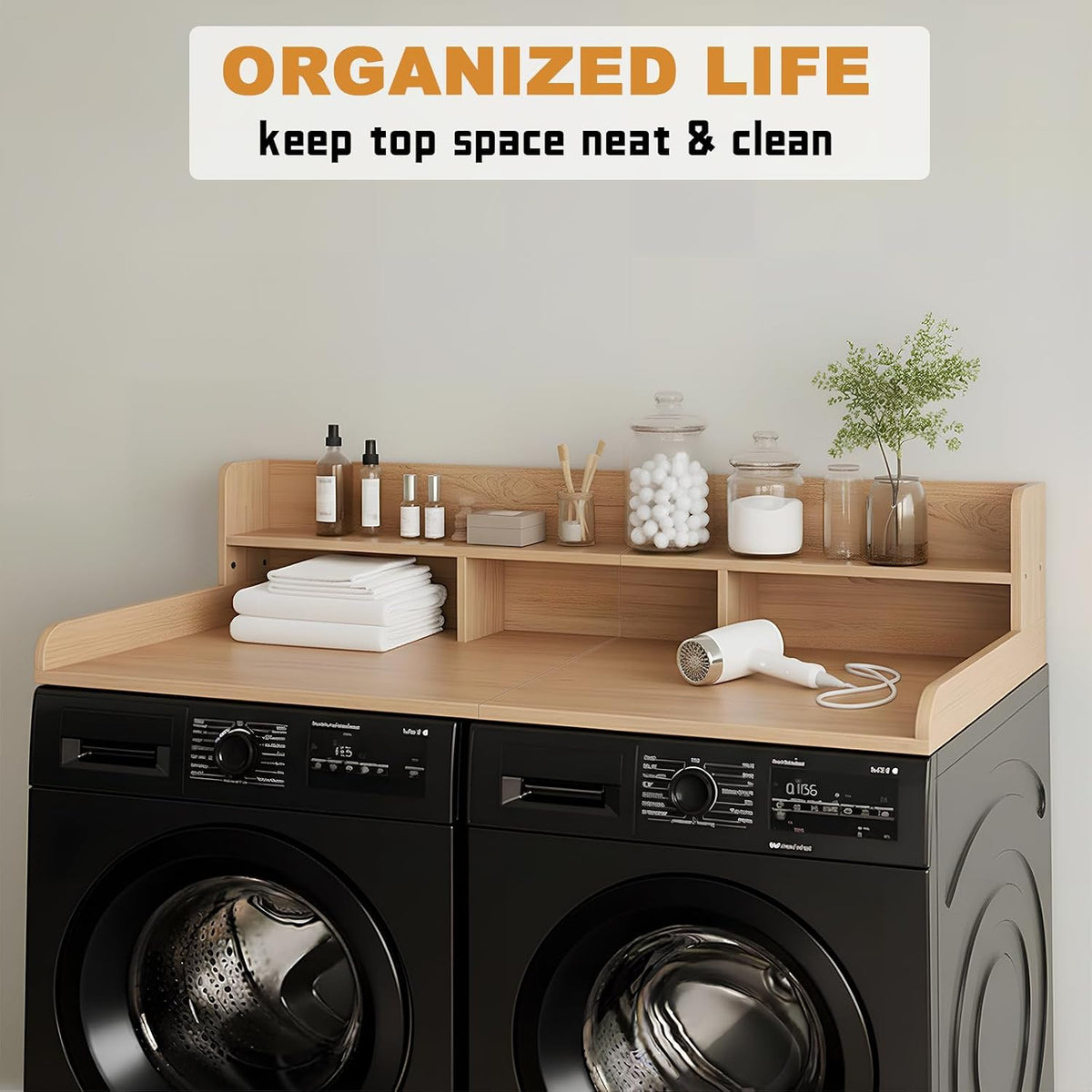 Washer Dryer Countertop with Shelf, 2-Tier Laundry Countertop Over Washer and Dryer, 54' x 27.55' Wooden Table for Folding Clothes for Laundry Room Organization and Storage (Oak)