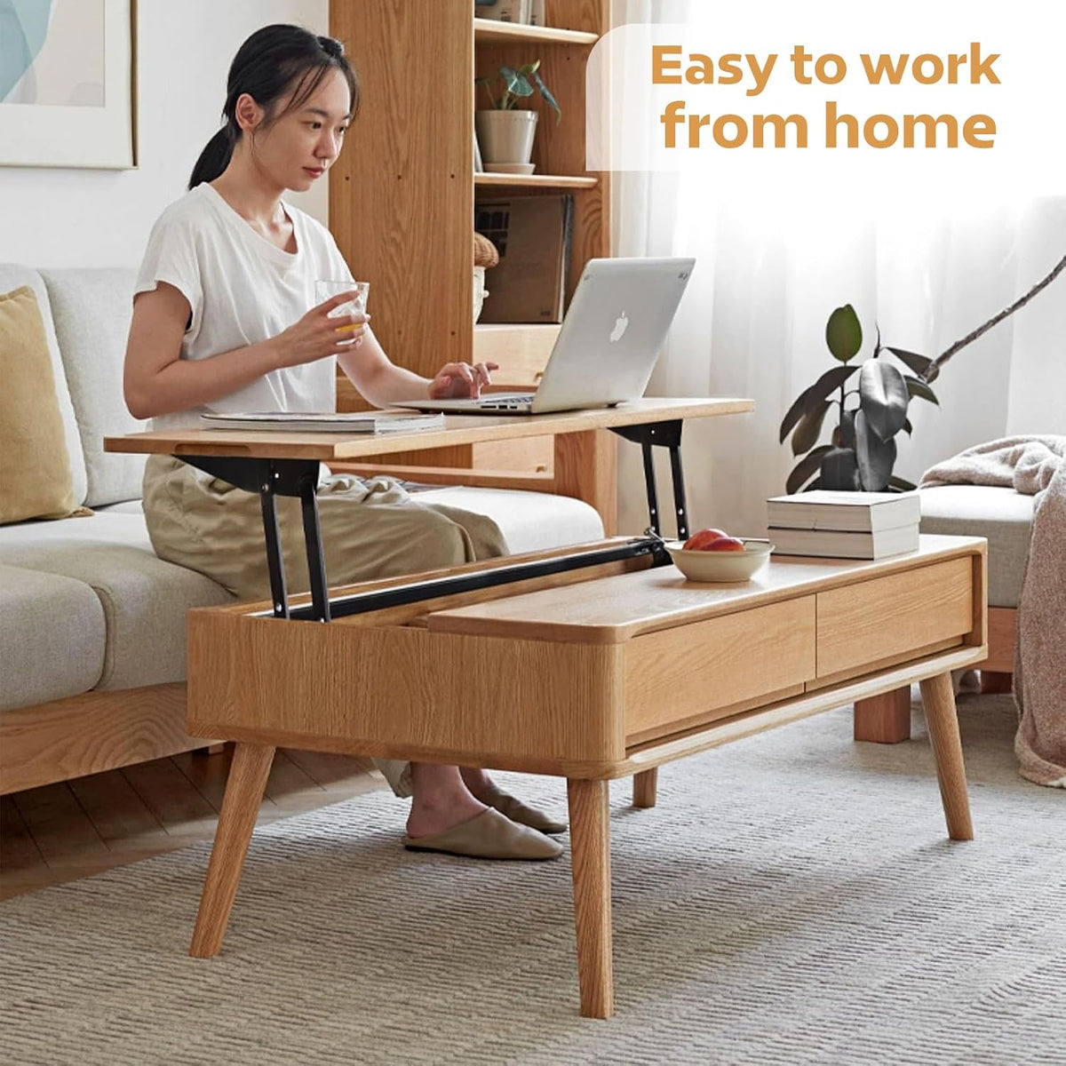100% Solid Wood Lift Top Coffee Table for Living Room, Mid Century Modern Tables with Drawers and Large Storage, Oak Coffee Tables for Small Spaces (Oak Wood Log, 39.37' W x 21.65' D x 25.59' H)