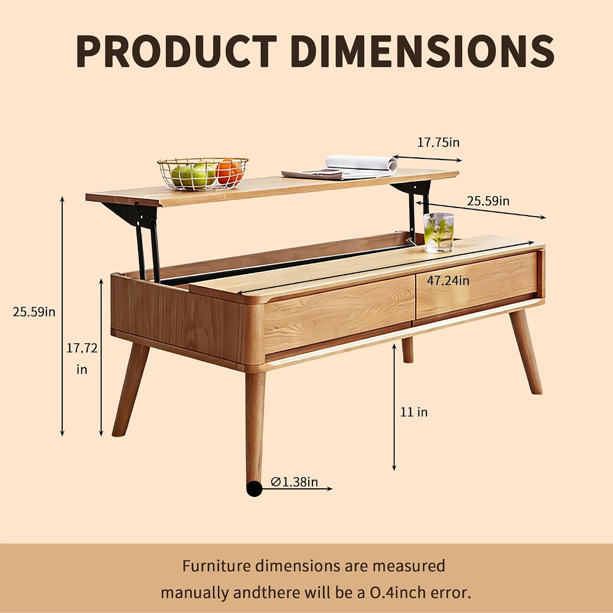 47.24' Lift Top Solid Wood Coffee Table with Storage Drawers & Hidden Compartment, Natural Wood Coffee Table for Living Room, Large Pop-Up Center Table for Home Office, Easy Assembly