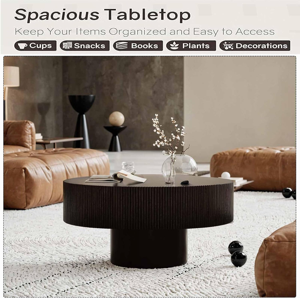 Round Fluted Coffee Table Modern Handcraft Drum Chipboard Wood Center Table, Unique Mid Century Aesthetic Low Coffee Table, for Living Room, Apartment,D