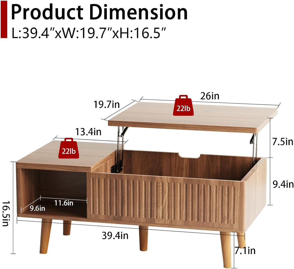 Lift Top Oval Coffee Table with Storage, 2-in-1 Height Adjustable Modern Coffee Table for Small Living Room & Apartment (Walnut)