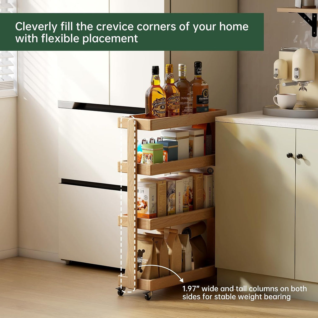 100% Solid Oak Art Storage Cart, 4-Tier Rolling Utility Cart with Wheels, Multifunctional Storage Trolley Shelving Unit on Wheels for Living Room Kitchen(Natural, 7.87' x 23.62' x 31.89')