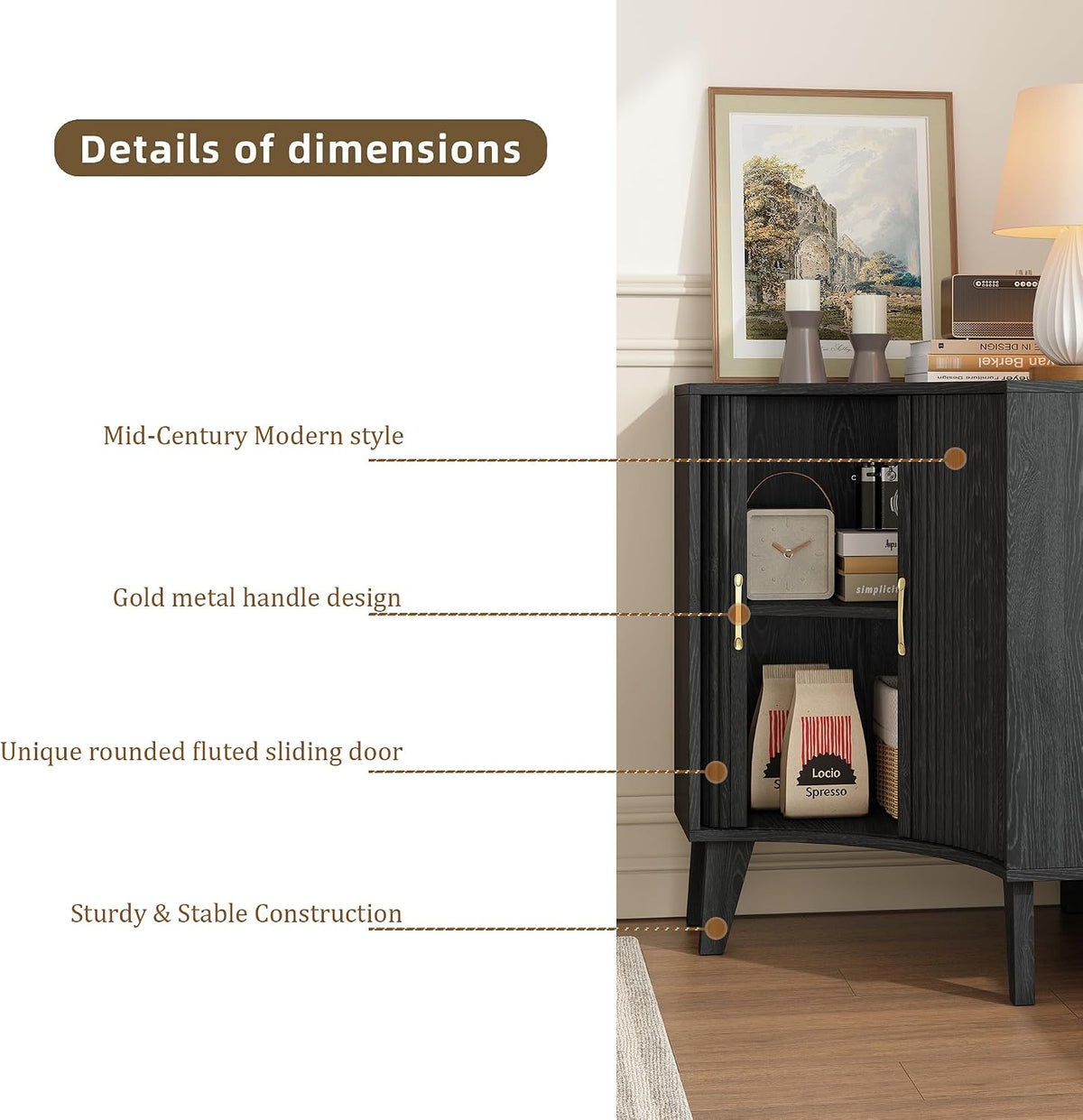 Fluted Corner Cabinet, Small Corner Floor Cabinet with 2-Sliding Doors and Adjustable Shelves, Freestanding Narrow Organizer for Small Space,Living Room, Dining RoomBathroom.Black