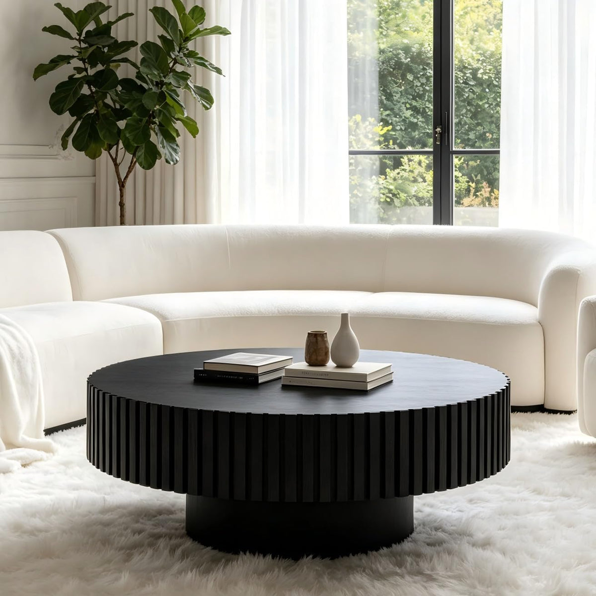 KEVINSPACE Round Coffee Table, 39' Big Wooden Fluted Coffee Table with Fluted Base, Circle Accent Center Table for Living Room Apartment Office Small Space, Easy Assembly, Black