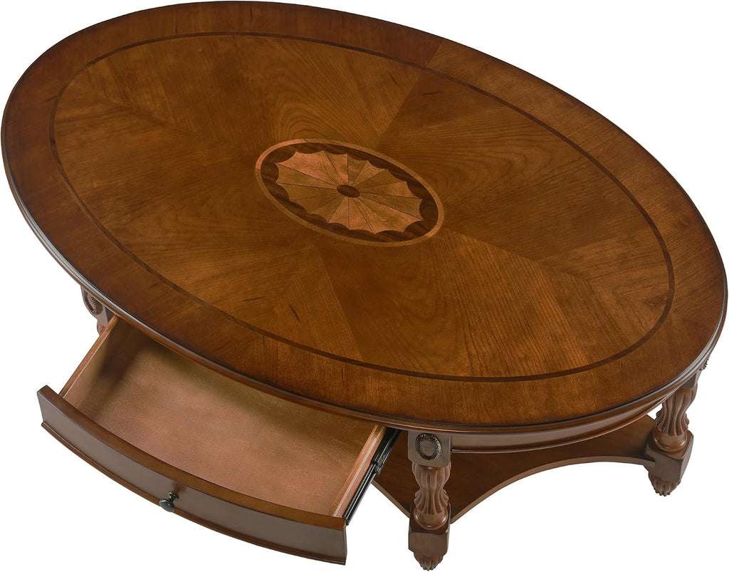 Large Oval Coffee Table with Drawer for Living Room, Solid Wood Cocktail Table with Open Storage Shelf, Mid-Century Modern Sofa Center Table, No-Tools Assembly,Beeswax KFZ1533MG