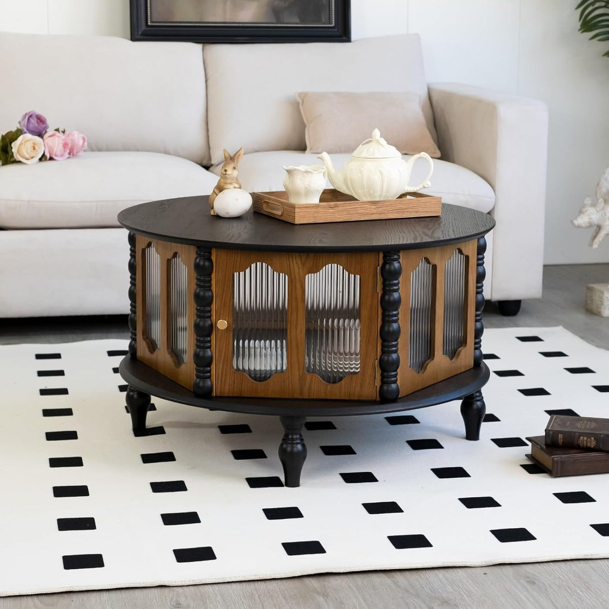 Coffee Table for Living Room Modern 31.5' Round Coffee Tables Center Storage Mid Century Wooden Circle Accent Tea Wood Home Furniture Apartment Small Spaces Black Tabletop + Walnut