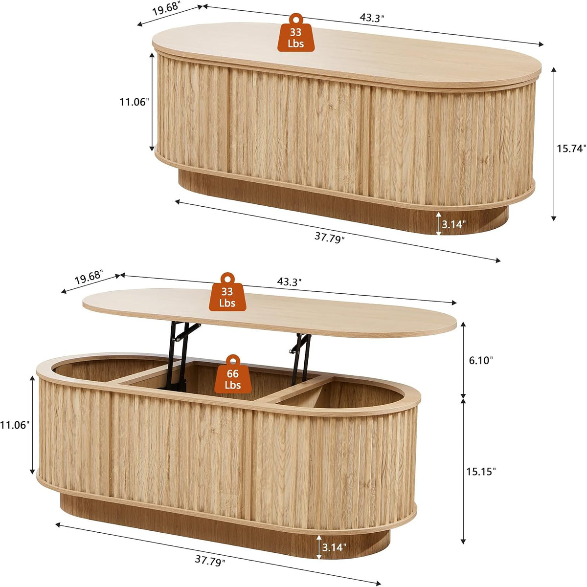 Oval Lift Top Coffee Table with Storage, 43.3'Mid Century Modern Center Table with Hidden Compartment, Fluted Wooden Lift Tabletop Dining Table for Living Room Apartment Home Office,Natural