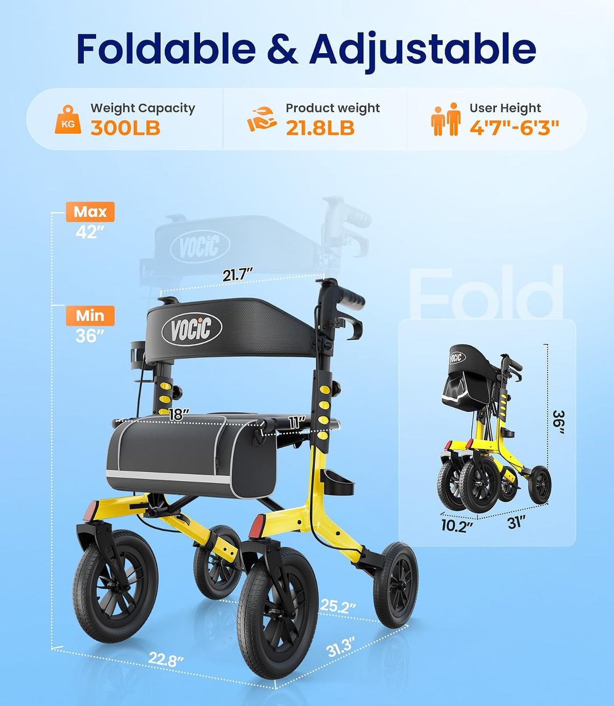 VOCIC Walker with Seat for Seniors, Z57 Outdoor Rollator Walker with 12' All Terrain Big Wheels, 7-Level Adjustable Height Rolling Walker with Safety Brakes, Storage Bag, Cup Holder