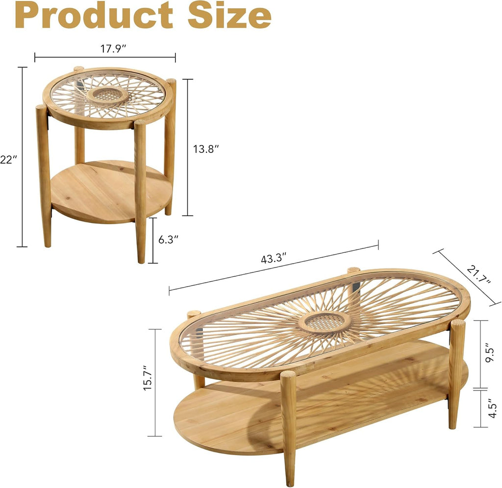 RUSTOWN Rattan Coffee Table Set of 3, Boho Living Room Table Set Includes Oval Coffee Table & 2 End Tables, 3-Piece Accent Sofa Side Tables Set with Rattan & Tempered Glass Top (Natural)