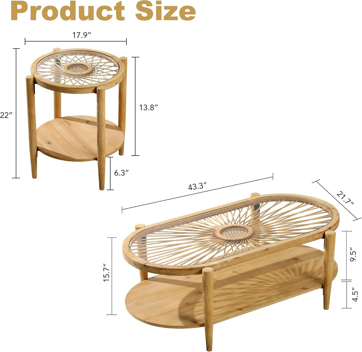 RUSTOWN Rattan Coffee Table Set of 3, Boho Living Room Table Set Includes Oval Coffee Table & 2 End Tables, 3-Piece Accent Sofa Side Tables Set with Rattan & Tempered Glass Top (Natural)