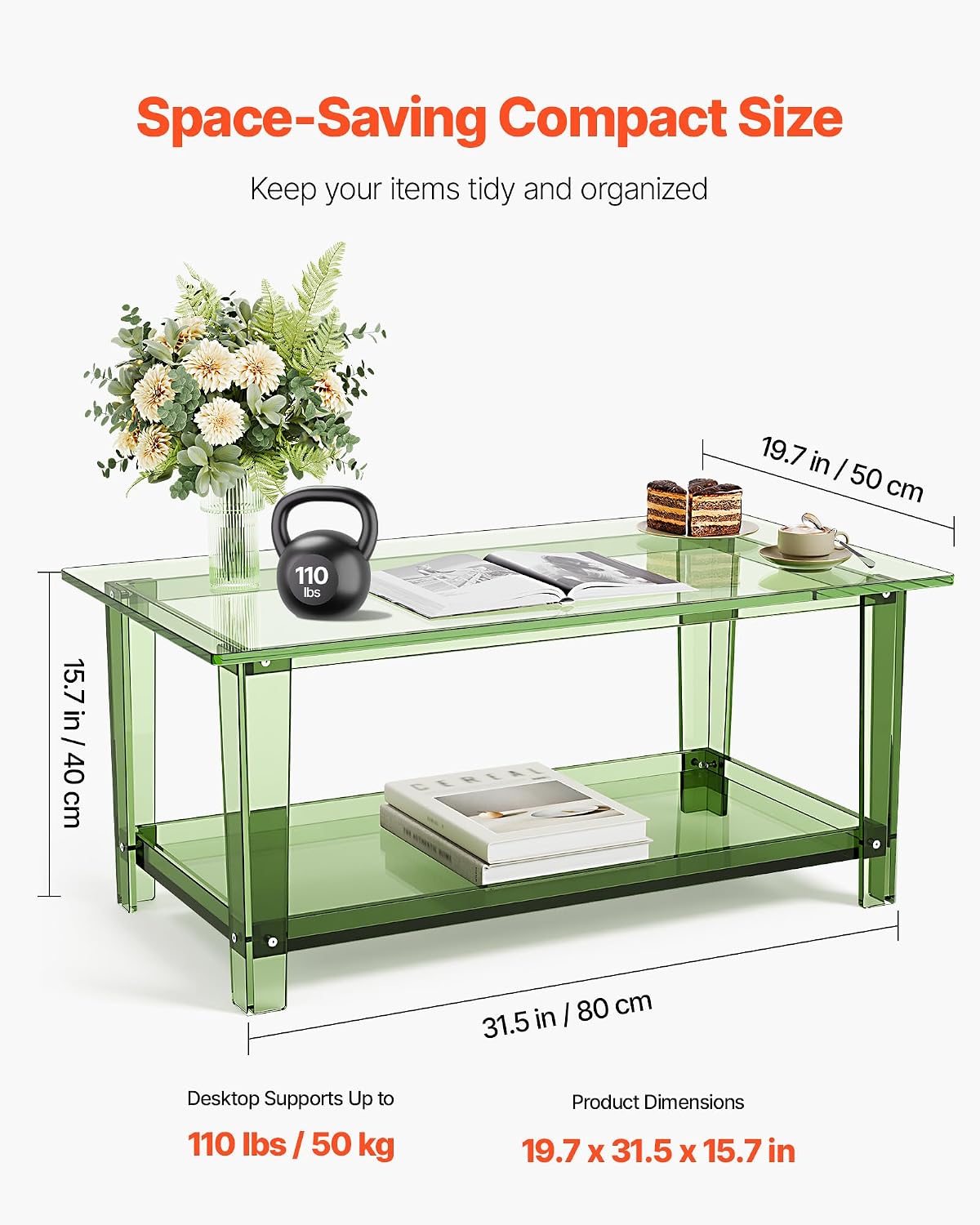 VEVOR Acrylic Coffee Table, 2-Tiers Center Table with Open Storage Shelf, Modern Rectangle Acrylic Coffe Desk for Living Room, Dining Room, Kitchen Island, Office, 31.5' W x 19.7' D x 15.7' H, Green