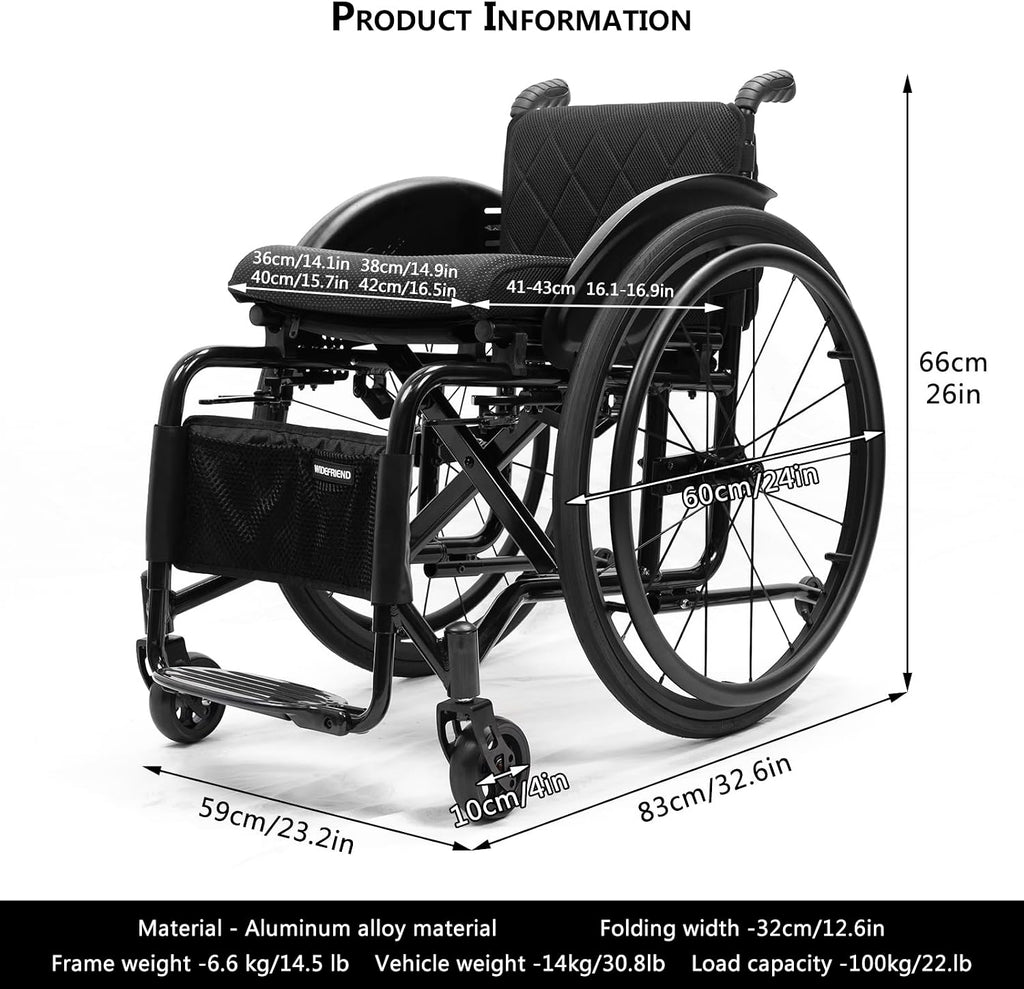 Lightweight Sports Wheelchair,Portable Transport Wheelchair,Aluminium Wheelchair,Mute Wheelchair,Handbrakes Quick Release Rear Wheels & Anti-Tip Wheels,for Teenagers,Adults,Seniors(Black,Seat width 40