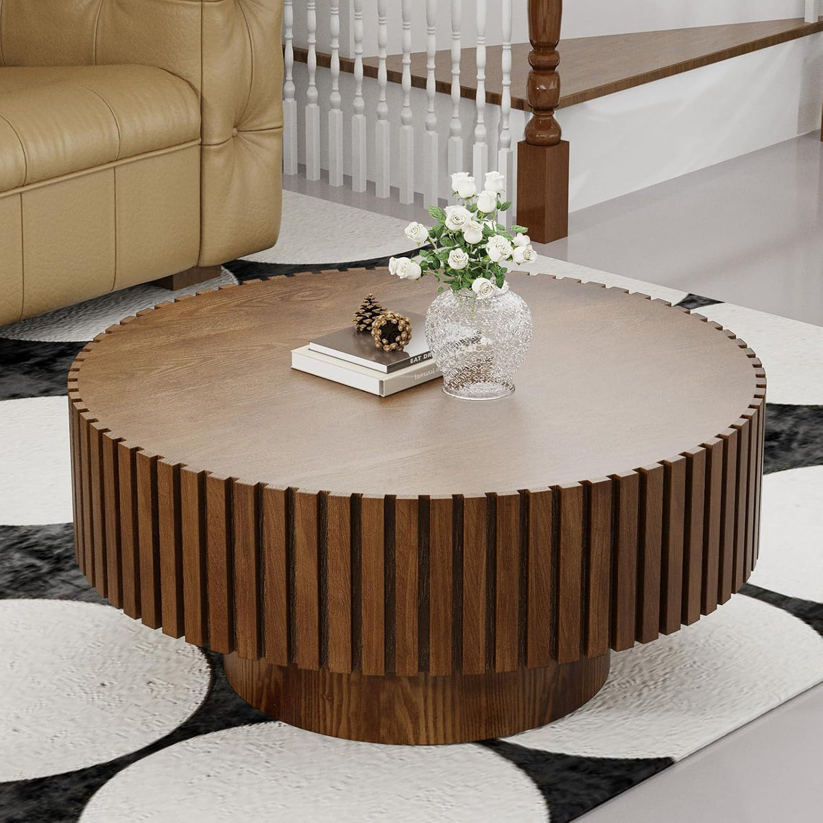 Handcrafted Round Fluted Coffee Table, Modern Mid Century Minimalist Elegant Drum Circle Coffee Table with Sturdy Pedestal for Living Room Apartment (J)