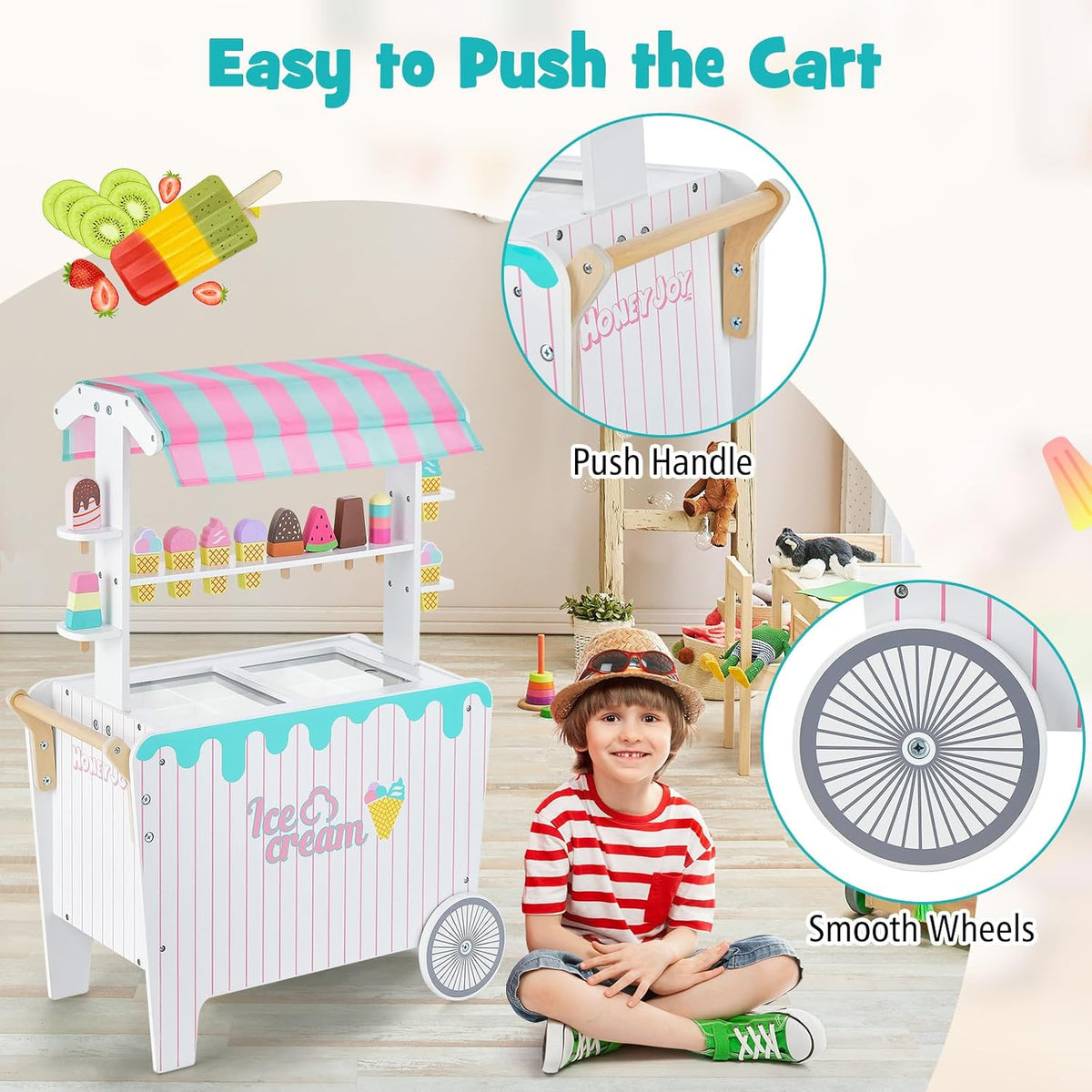 Costzon Ice Cream Cart Playset, Wooden Grocery Store w/Display Rack & Shelves, Frozen Compartment, 2 Large Wheels, Push Handle, 16 PCS Play Food, Toddler Ice Cream Trunk Toy Set for Boys Girls 3+
