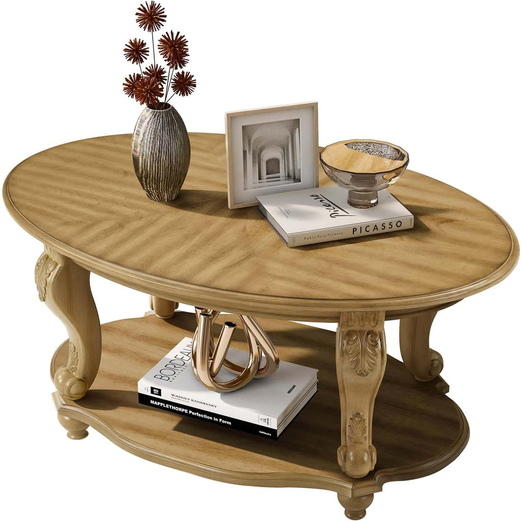 Oval Wood Coffee Table for Living Room, 2-Tier Solid Wood Coffee Table with Open Storage Shelf, Traditional Retro Center Table for Office (42' W x 26' D x 20.5' H, Natural)