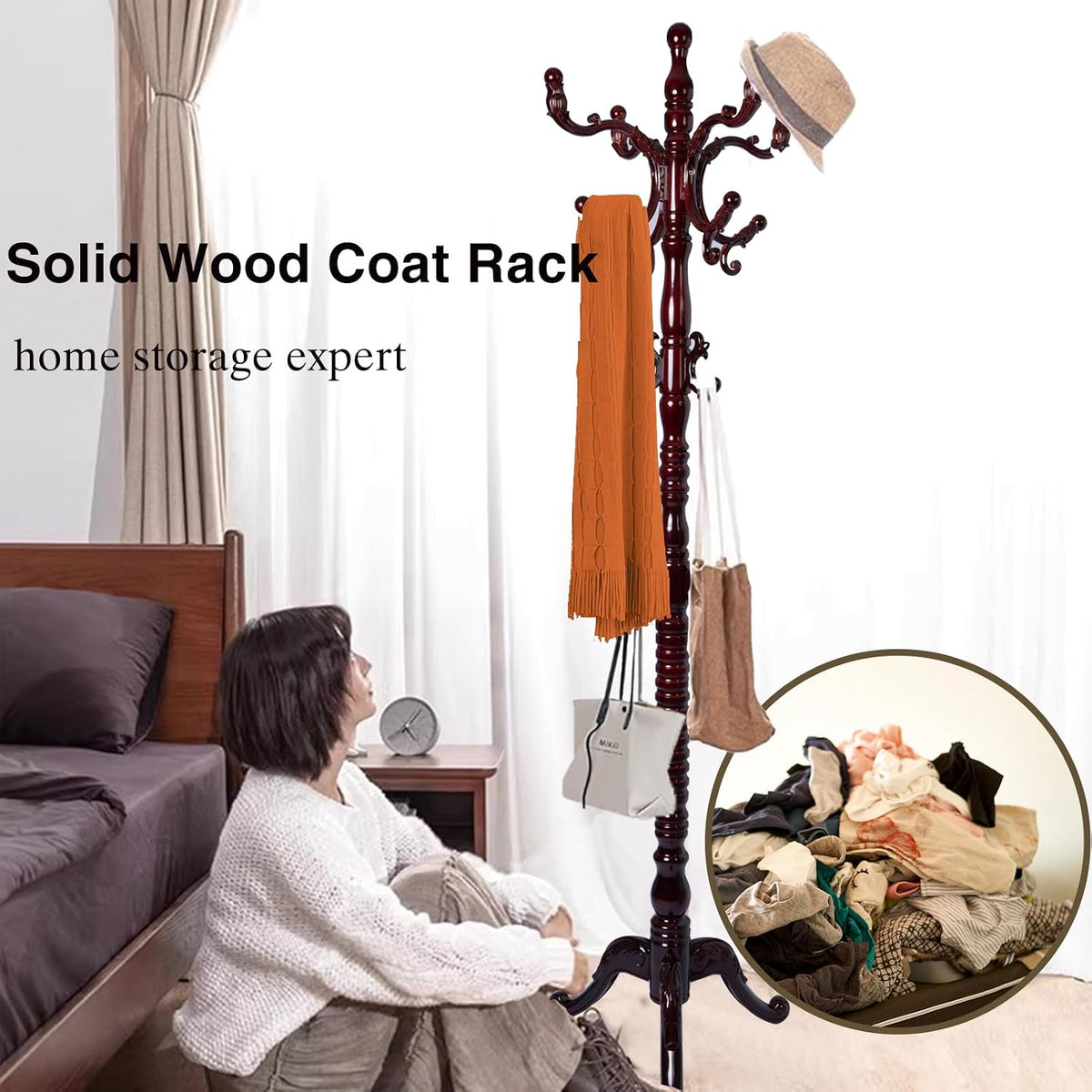 Wooden Coat Rack Freestanding, Hall Tree Hanger With Resin Hooks, Adjustable Heavy Duty Coat Rack for Hanging Clothes Bags Hats in Living Room Bedroom (coat rack, 3 Prong Legs-Rosewood Color)