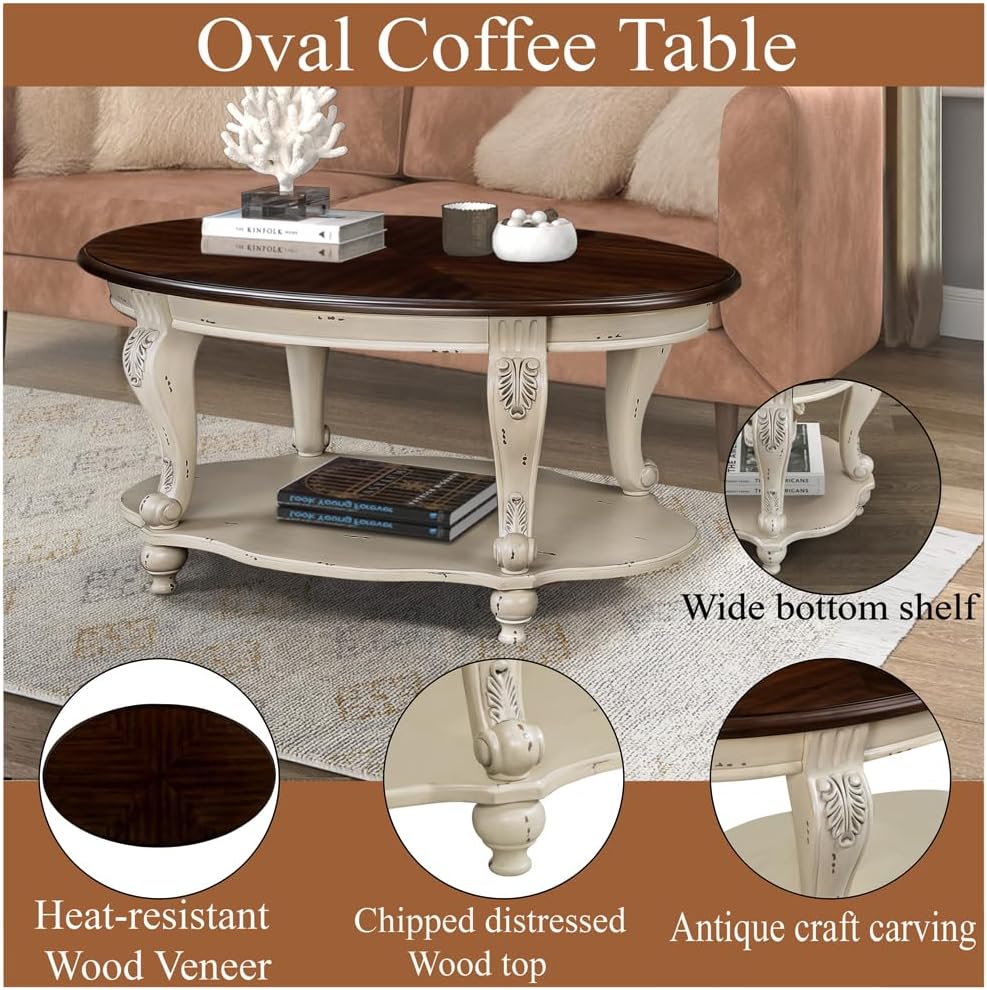 Vintage Solid Wood Coffee Table, 42' Oval Cocktail Table with Storage Shelf, Center Table with Antique Wooden Legs and Elegant Carvings for Living Room, Easy Assembly (Antique White)