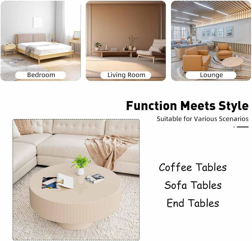 Round Fluted Coffee Table Modern Handcraft Drum Chipboard Wood Center Table, Unique Mid Century Aesthetic Low Coffee Table, for Living Room, Apartment,B