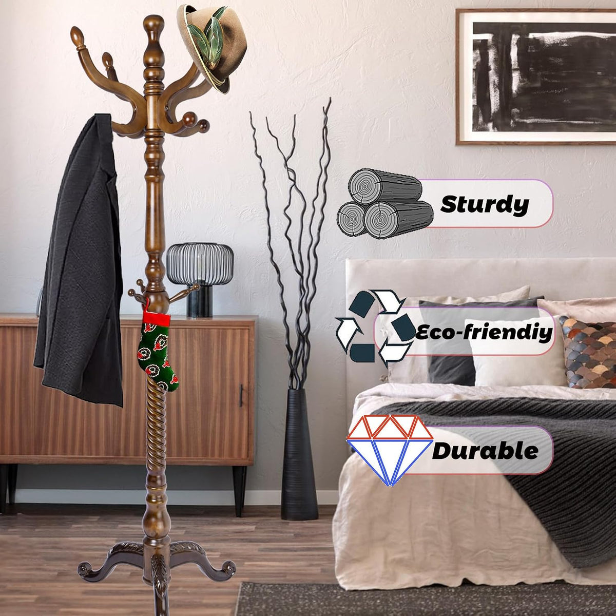 73 in Wood Coat Rack, Coat Rack Freestanding with Stable Round Base, Adjustable Height Tree Coat Racks Stand for Home Bedroom Office Hallway Entryway (Triangular Antique)