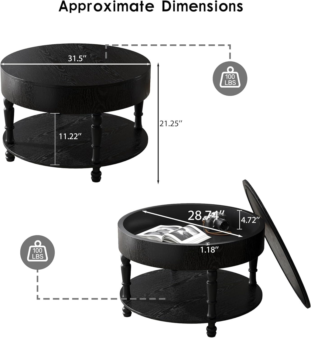 Round Coffee Table for Living Room 31.5' W Small Coffee Tables with Storage Open Shelf 2-Tier Modern Design Industrial Circle Wood Center Home Furniture Apartment Black