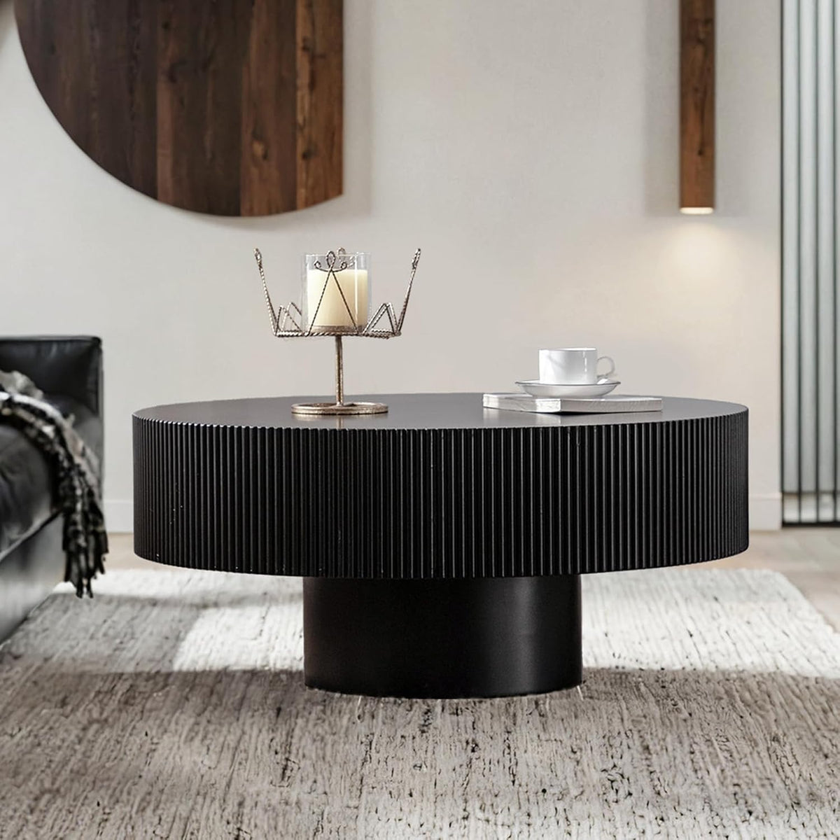 Round Handcraft Fluted Coffee Table with Sturdy Stable Pedestal Modern Luxury Drum Center Table Circle Accent Base Center Tables for Living Room Apartment (H)