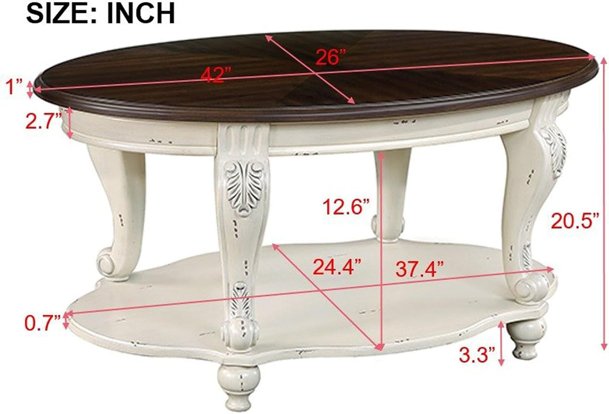 42'' Oval Wood Coffee Table for Living Room, 2-Tier Solid Wood Cocktail Table with Open Storage Shelf, Easy Assembly (Antique White, 42'')