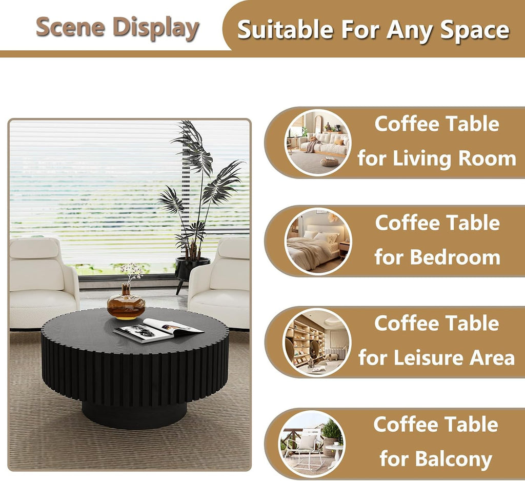 Round Handcraft Fluted Coffee Table with Sturdy Stable Pedestal Modern Luxury Drum Center Table Circle Accent Base Center Tables for Living Room Apartment (F)