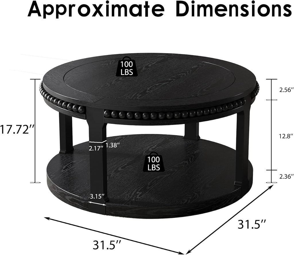 Round Coffee Table for Living Room 31.5' W Small Coffee Tables with Storage Shelf 2-Tier Modern Design Industrial Circle Wood Center Home Furniture Apartment Office Black