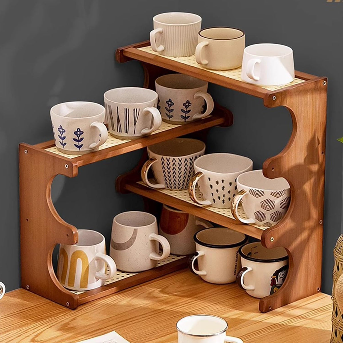Countertop Organizer Corner Shelf Unit Kitchen Wooden Counter Shelving Organiser Stackable Expandable Corner Spice Rack(Walnut)