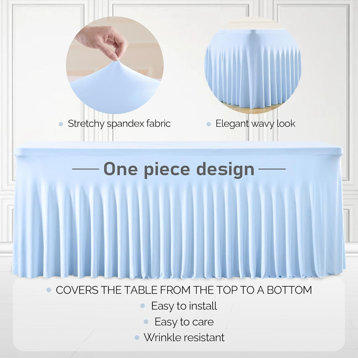 6 Packs Baby Blue Table Clothes for 8 Foot Rectangle Tables, One-Piece Wrinkle Resistant Stretch Spandex Table Covers with Skirt for Event Banquet Wedding Birthday Party