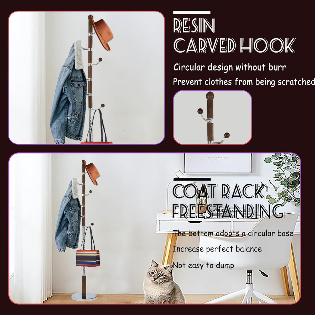 73 in Wood Coat Rack, Coat Rack Freestanding with Stable Round Base, Adjustable Height Tree Coat Racks Stand for Home Bedroom Office Hallway Entryway (Walnut Metal Hook)