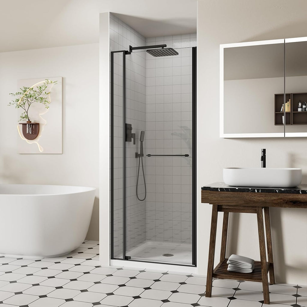ACE DECOR 28-32' W x 72' H Frameless Pivot Shower Door, Pivot Swing Shower Glass Door with 1/4' (6mm) and 5/16' (8mm) Tempered Glass, Easy-Clean Coating, Matte Black Finish, Reversible Installation