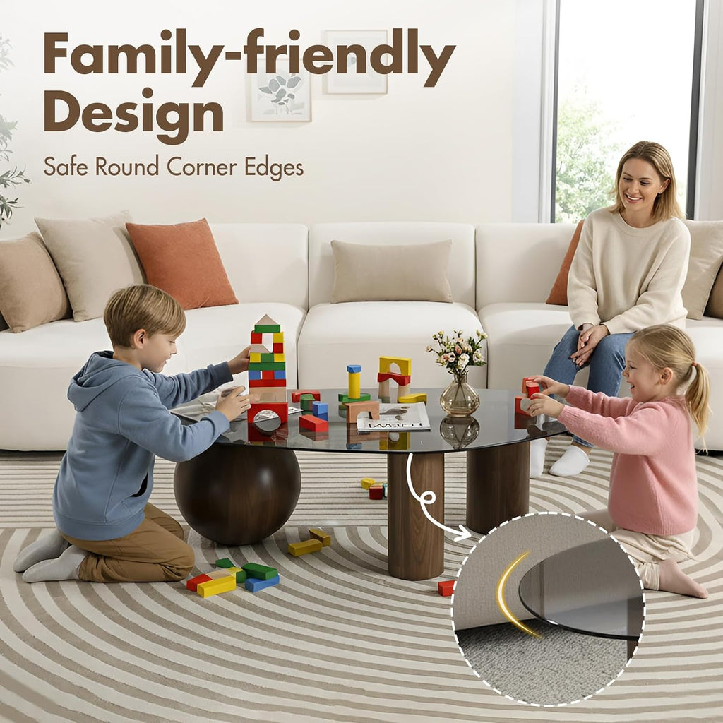 Hyfirm 55' Irregular Cloud Glass Coffee Table, Modern Black Tempered Glass Top with Walnut Finished Legs, Accent Center Table for Living Room & Bedroom