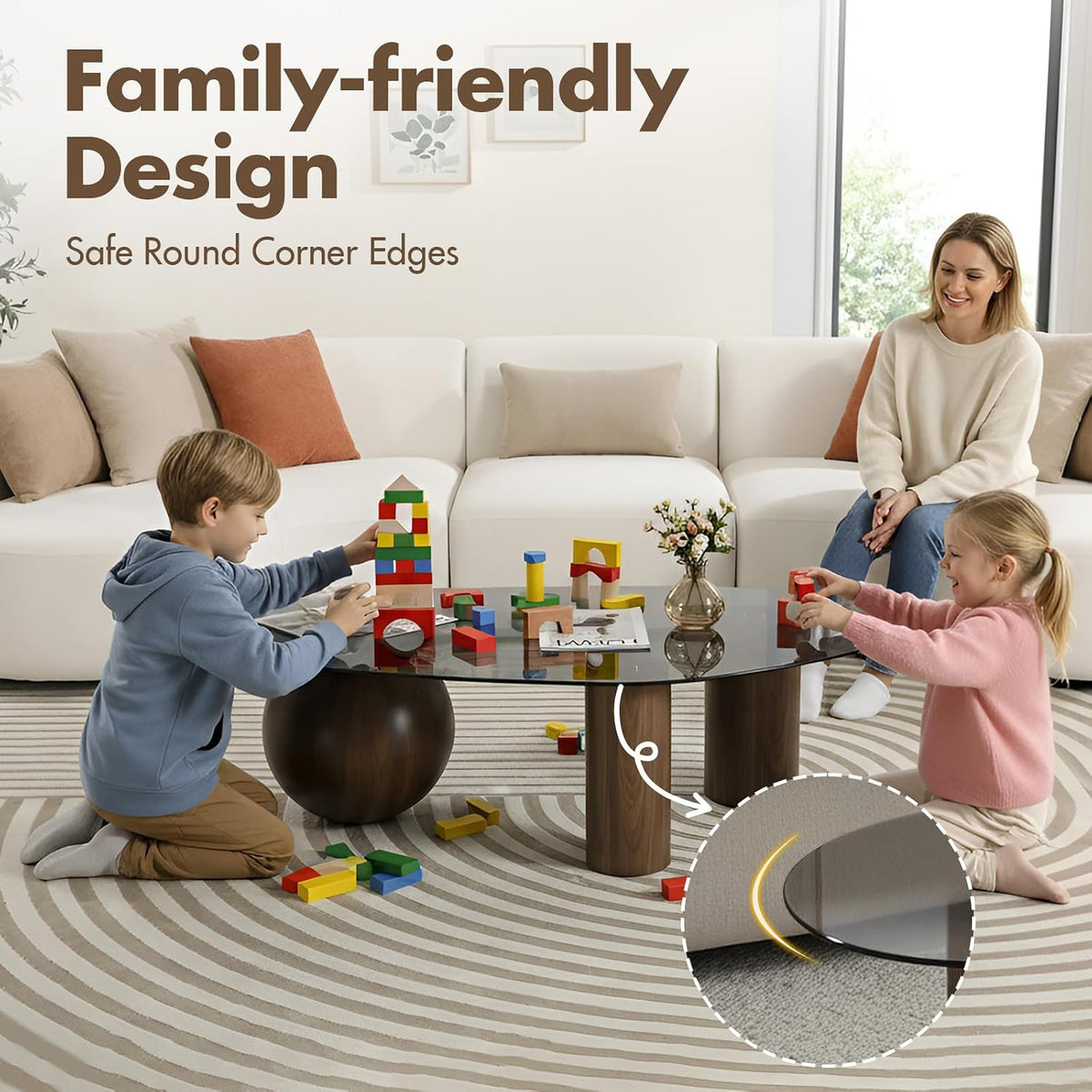Hyfirm 55' Irregular Cloud Glass Coffee Table, Modern Black Tempered Glass Top with Walnut Finished Legs, Accent Center Table for Living Room & Bedroom