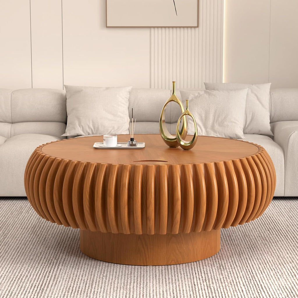 Round Handcraft Fluted Coffee Table with Sturdy Stable Pedestal Modern Luxury Drum Center Table Circle Accent Base Center Tables for Living Room Apartment (Q)