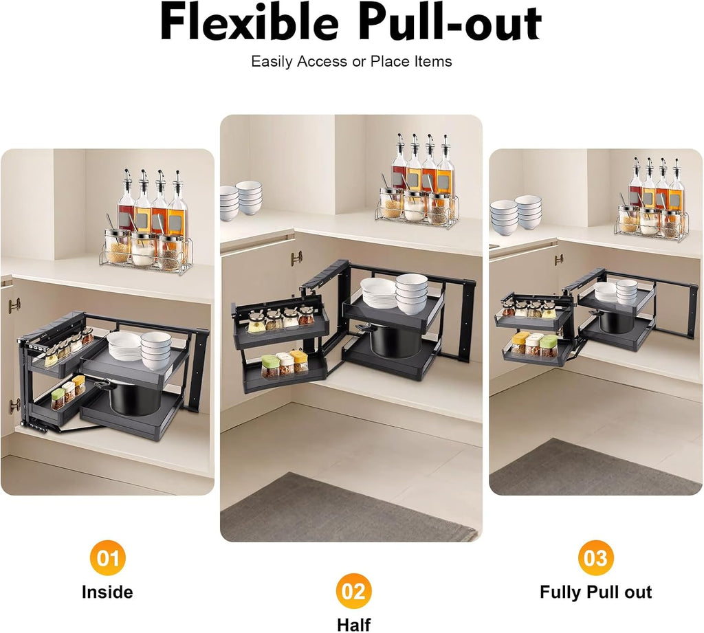 Blind Corner Cabinet Pull Out Organizer 2 Tier with 4 Detachable Shelves Magic Pull Out Deep Corner Cabinet Organizer Narrow Blind Cabinet Pull Out (Aluminum, Left/Right Open)