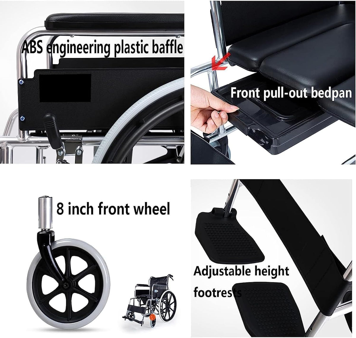 Carbon Steel Folding Wheelchair Multifunctional Manual Wheelchair W/Waterproof Leather Cushion & Bedpan Transport Chair Mobility Aid for Elderly Disabled Driving Trolley