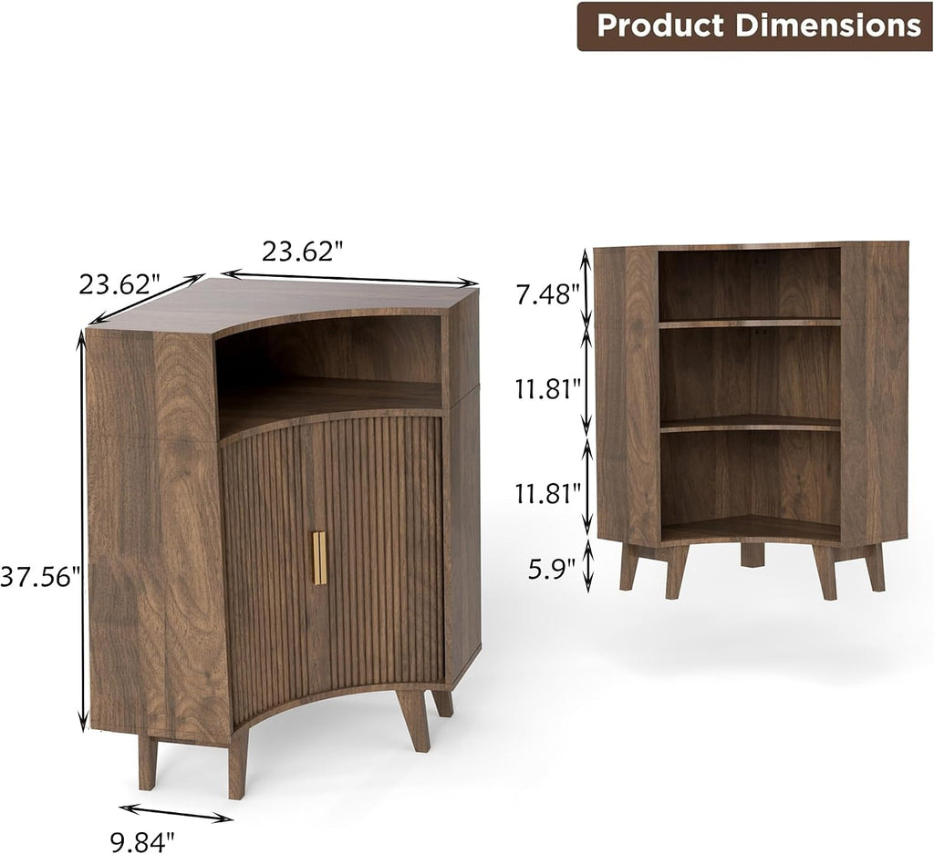 Fluted Corner Cabinet with Open Storage, Modern Floor Cabinets with Sliding Doors and 2-Tier Shelves, Freestanding Narrow Organizer for Small Space,Living Room, Dining Room,Walnut