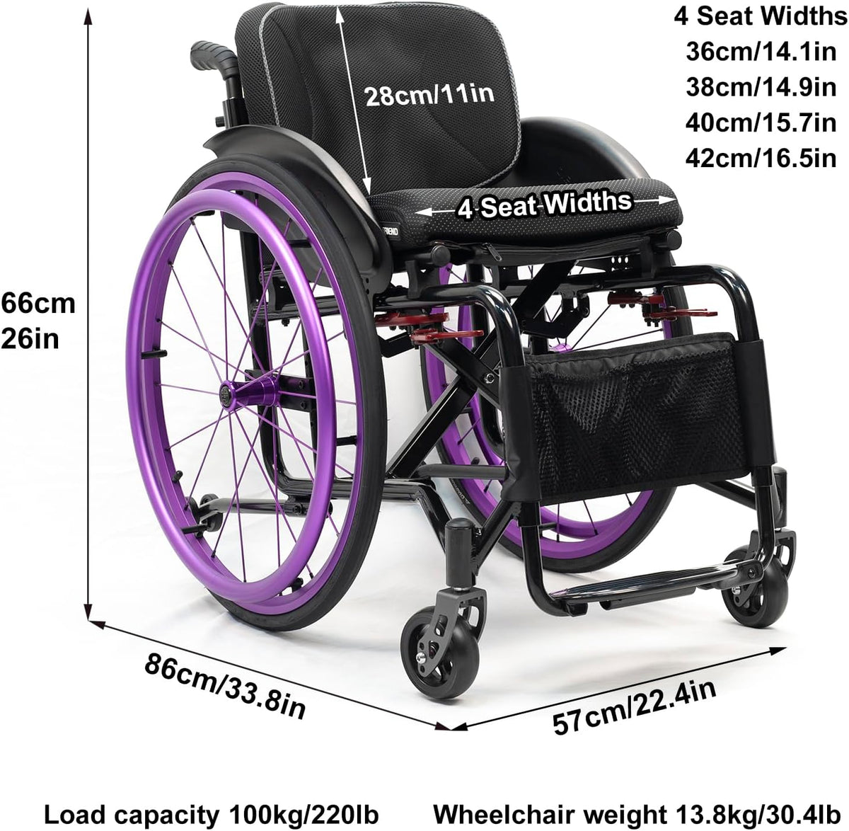 Lightweight Sport Wheelchair,Folding Transport Wheelchairs,Aluminum Alloy Wheelchair,Folding Wheelchair for Adults,Self-Propelled Wheelchairs,Park & Brake Anti Tipper(Purple,Seat Width 40cm/15.7in)