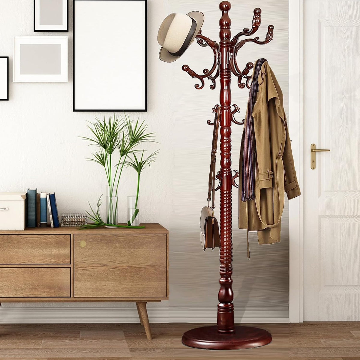 Coat Racks Free Standing with 14 Hooks, Natural Wood Coat Stands for Entryway, Adjustable Height 73 in Tree Coat Rack Stand for Hallway Home Office Bedroom (Mahogany)