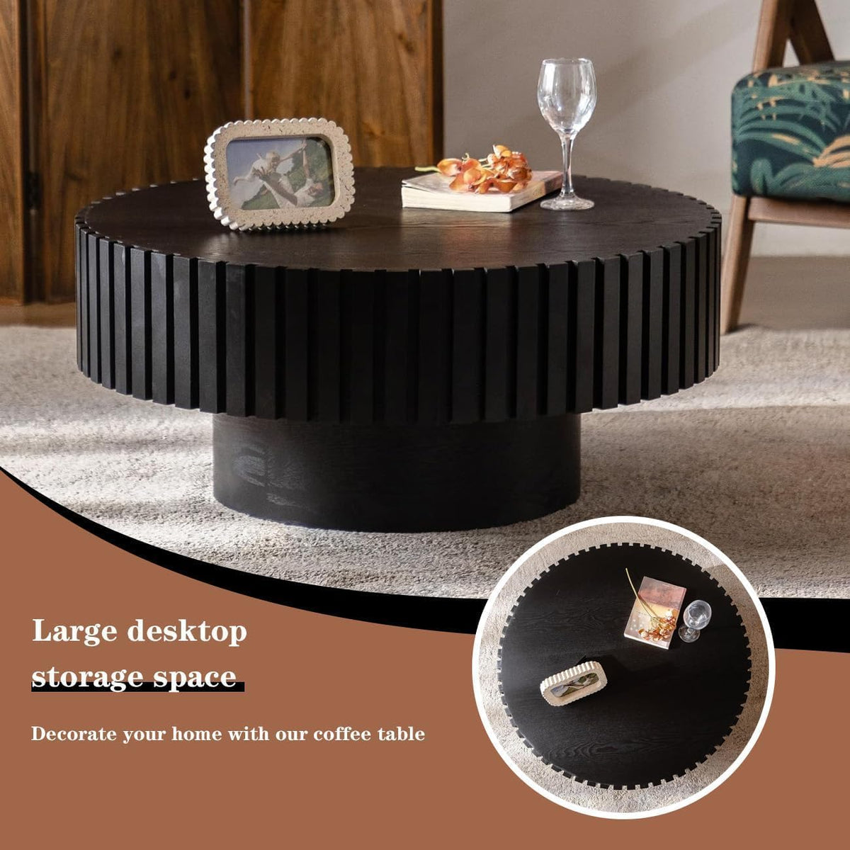 WXFKLDJ Round Drum Coffee Table Black Round Fluted Coffee Table Wood Circle Center Table Pedestal End Table for Apartment Living Room (Black Round)