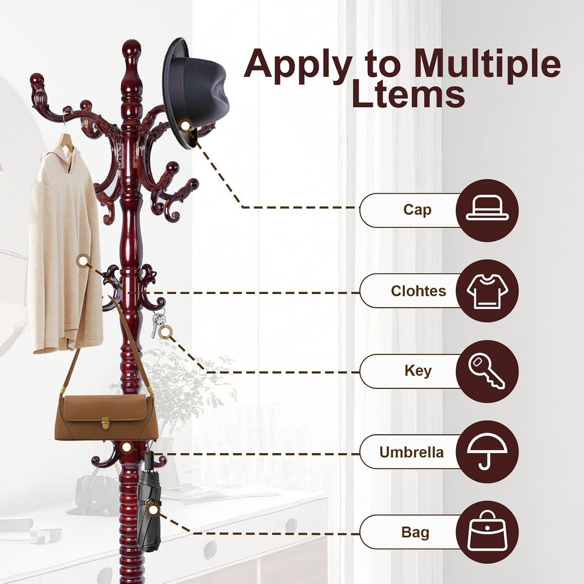Solid Wood Coat Rack – 73' Freestanding Coat Racks Stand with 14 Hooks & Stable Base, Adjustable Height Modern Wooden Hall Tree for Entryway, Bedroom, Office, Home (Mahogany Triangle)
